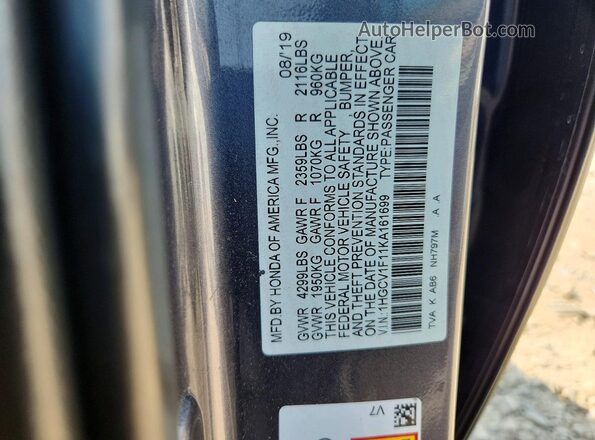 1HGCV1F11KA161699 2019 HONDA ACCORD Gray ძრავის განყოფილების ხედი