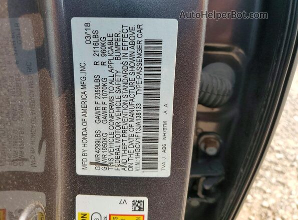 1HGCV1F13JA138133 2018 HONDA ACCORD Gray Widok komory silnika