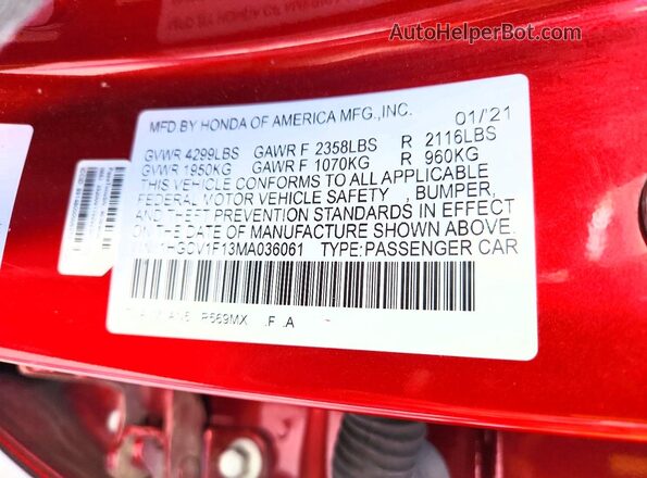 1HGCV1F13MA036061 2021 HONDA ACCORD Red Engine compartment view