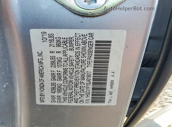 1HGCV1F15LA019017 2020 HONDA ACCORD Silver Widok naklejki z numerem VIN