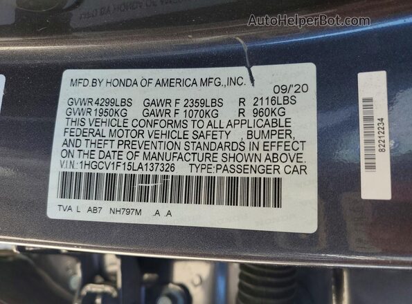 1HGCV1F15LA137326 2020 HONDA ACCORD Silver Вид наклейки з VIN-кодом