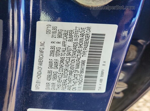 1HGCV1F16KA110490 2019 HONDA ACCORD Blue Engine compartment view