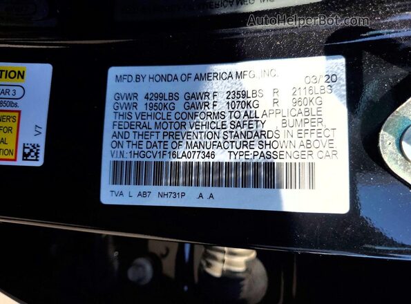 1HGCV1F16LA077346 2020 HONDA ACCORD Black Вид підкапотного простору