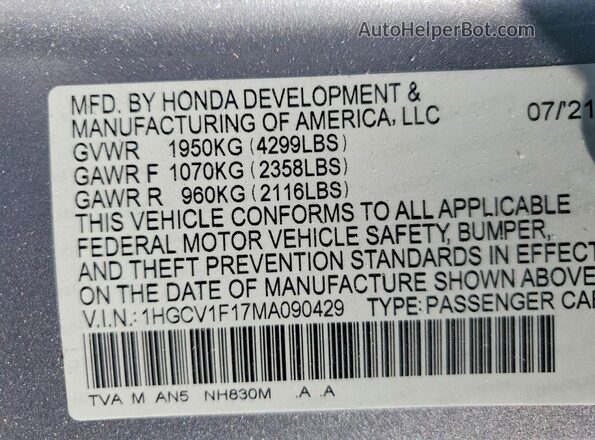 1HGCV1F17MA090429 2021 HONDA ACCORD Silver Vista de la etiqueta del VIN