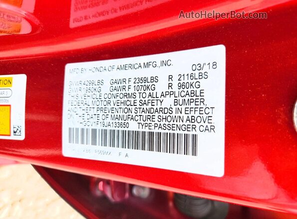 1HGCV1F19JA133650 2018 HONDA ACCORD Red ძრავის განყოფილების ხედი