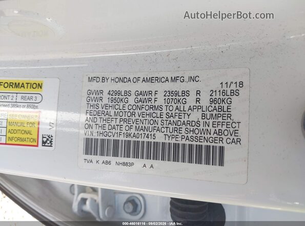 1HGCV1F19KA017415 2019 HONDA ACCORD White Շարժիչի բաժամունքի տեսք