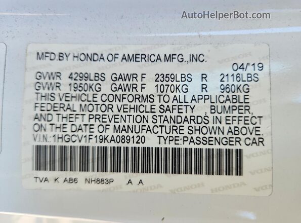 1HGCV1F19KA089120 2019 HONDA ACCORD White Widok naklejki z numerem VIN