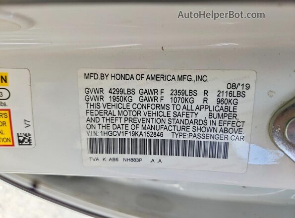 1HGCV1F19KA152846 2019 HONDA ACCORD White ძრავის განყოფილების ხედი