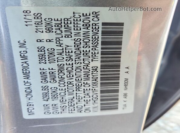1HGCV1F1XKA017343 2019 HONDA ACCORD Silver Widok naklejki z numerem VIN