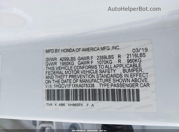 1HGCV1F1XKA075338 2019 HONDA ACCORD White ძრავის განყოფილების ხედი