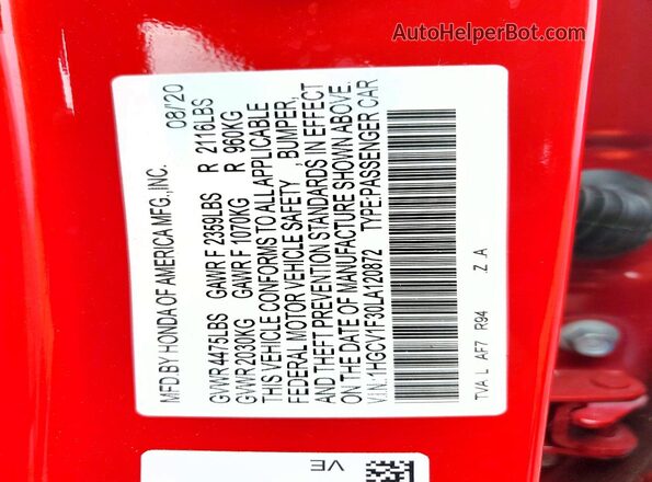 1HGCV1F30LA120872 2020 HONDA ACCORD Red Vista de la etiqueta del VIN