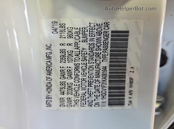 1HGCV1F31KA081644 2019 HONDA ACCORD Белый Вид подкапотного пространства