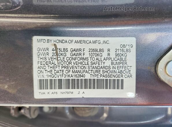 1HGCV1F31KA162840 2019 HONDA ACCORD Gray Vista del compartimento del motor