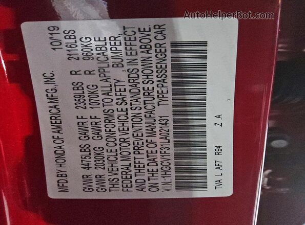 1HGCV1F31LA021431 2020 HONDA ACCORD Red Vista del compartimento del motor