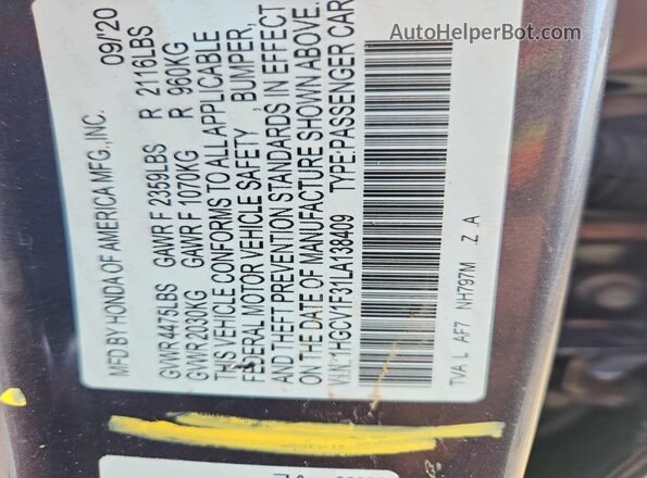 1HGCV1F31LA138409 2020 HONDA ACCORD Charcoal Widok komory silnika