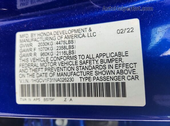 1HGCV1F31NA026230 2022 HONDA ACCORD Blue VIN sticker view