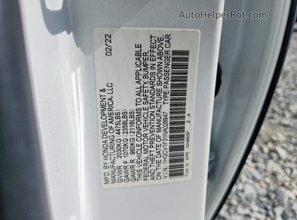 1HGCV1F31NA028947 2022 HONDA ACCORD White Widok naklejki z numerem VIN