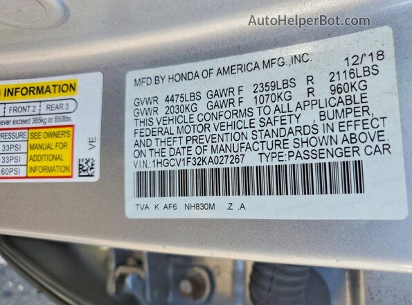 1HGCV1F32KA027267 2019 HONDA ACCORD Silver ძრავის განყოფილების ხედი