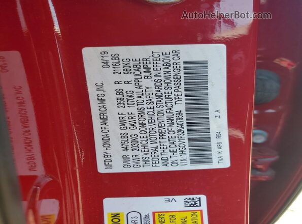 1HGCV1F32KA079594 2019 HONDA ACCORD Красный Вид подкапотного пространства