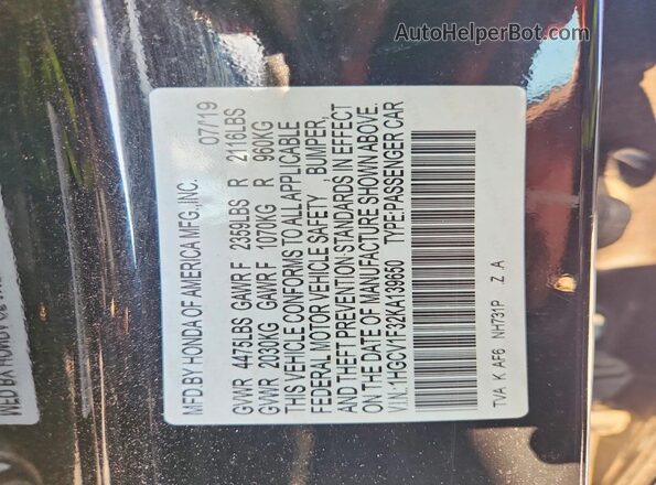1HGCV1F32KA139650 2019 HONDA ACCORD Черный Вид наклейки с VIN-кодом