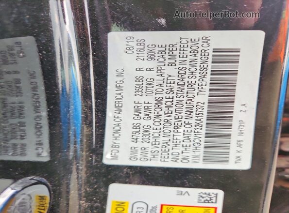 1HGCV1F32KA157372 2019 HONDA ACCORD Black Engine compartment view