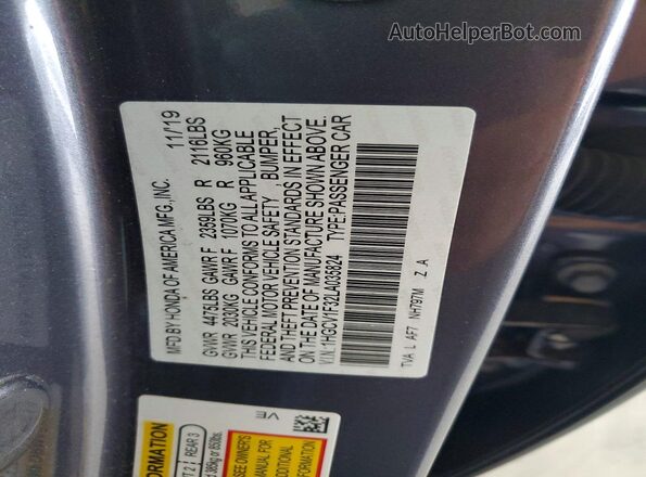 1HGCV1F32LA035824 2020 HONDA ACCORD Gray Вид підкапотного простору