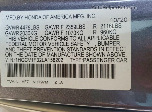 1HGCV1F32LA158202 2020 HONDA ACCORD Charcoal Widok naklejki z numerem VIN