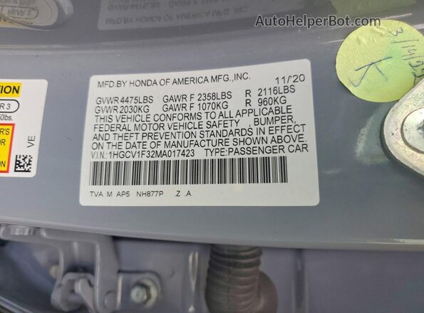 1HGCV1F32MA017423 2021 HONDA ACCORD Silver ძრავის განყოფილების ხედი