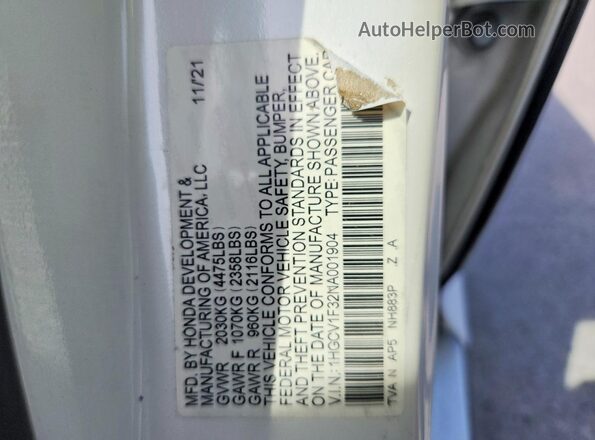 1HGCV1F32NA001904 2022 HONDA ACCORD Белый Вид подкапотного пространства