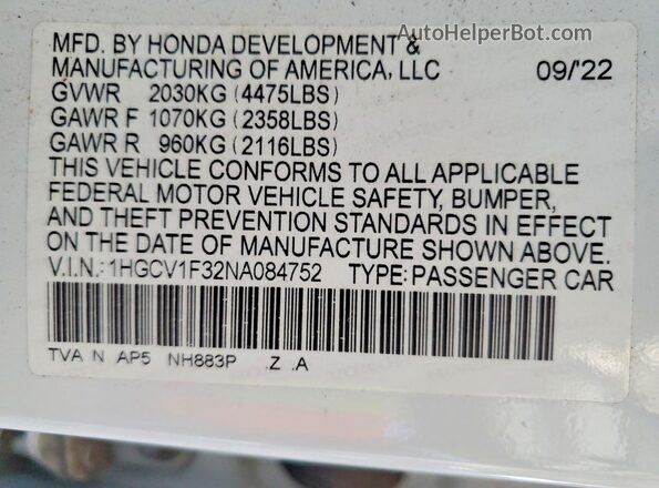 1HGCV1F32NA084752 2022 HONDA ACCORD White Вид підкапотного простору