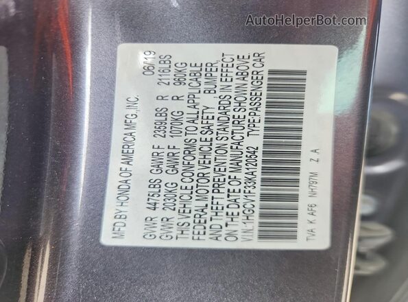 1HGCV1F33KA120542 2019 HONDA ACCORD Gray Widok komory silnika