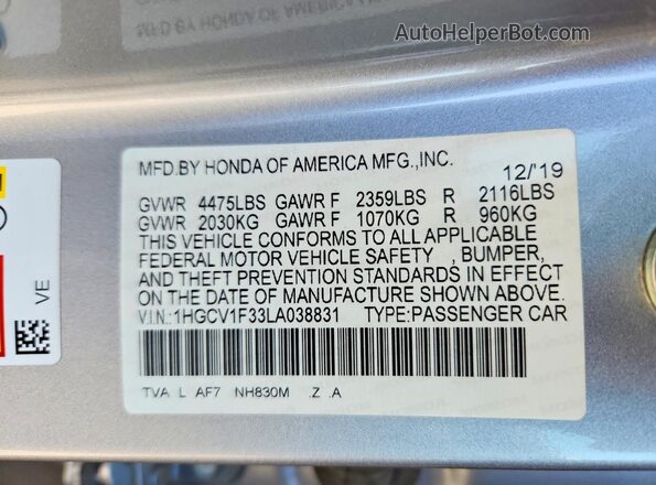 1HGCV1F33LA038831 2020 HONDA ACCORD Silver Vista de la etiqueta del VIN