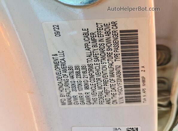 1HGCV1F33NA084792 2022 HONDA ACCORD White VIN կոդի պիտակի տեսք