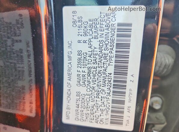 1HGCV1F34JA224374 2018 HONDA ACCORD Black Engine compartment view