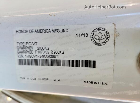 1HGCV1F34KA800675 2019 HONDA ACCORD White VIN კოდის სტიკერის ხედი