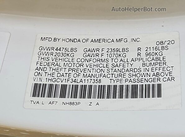 1HGCV1F34LA117358 2020 HONDA ACCORD White Vista de la etiqueta del VIN