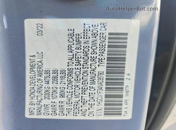 1HGCV1F34NA035780 2022 HONDA ACCORD Blue Vista del compartimento del motor
