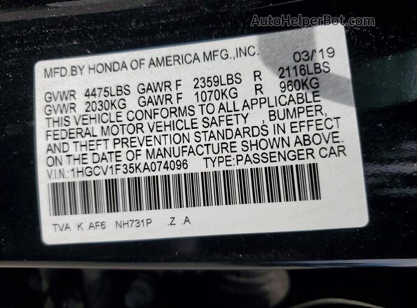 1HGCV1F35KA074096 2019 HONDA ACCORD Black VIN կոդի պիտակի տեսք