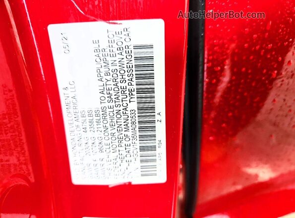 1HGCV1F35MA080533 2021 HONDA ACCORD Red Շարժիչի բաժամունքի տեսք