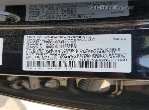 1HGCV1F35NA051776 2022 HONDA ACCORD Black VIN კოდის სტიკერის ხედი