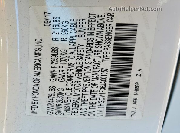 1HGCV1F36JA001057 2018 HONDA ACCORD White Vista del compartimento del motor