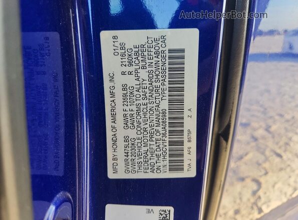 1HGCV1F36JA085980 2018 HONDA ACCORD Blue Widok naklejki z numerem VIN