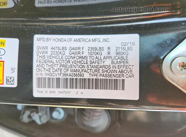 1HGCV1F36KA056593 2019 HONDA ACCORD Black Շարժիչի բաժամունքի տեսք