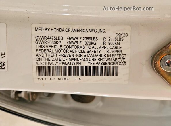 1HGCV1F36LA139104 2020 HONDA ACCORD White Вид підкапотного простору