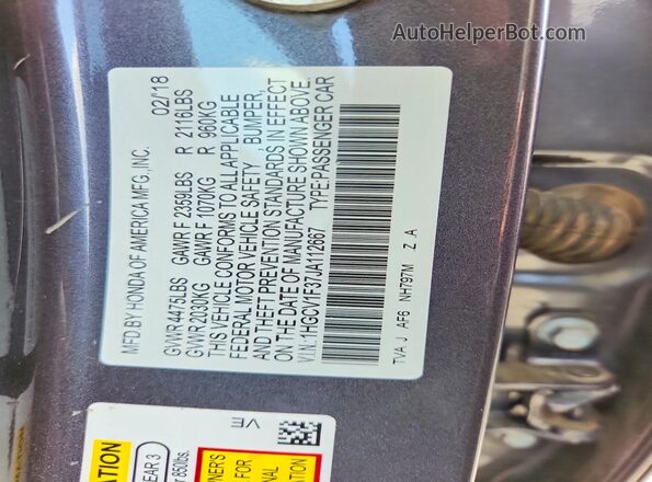 1HGCV1F37JA112667 2018 HONDA ACCORD Gray Widok komory silnika