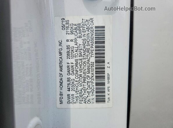 1HGCV1F37KA107552 2019 HONDA ACCORD White Widok komory silnika