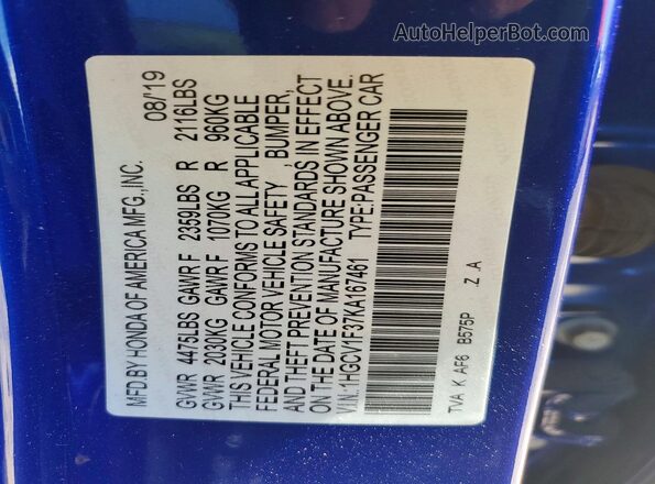 1HGCV1F37KA167461 2019 HONDA ACCORD Blue Շարժիչի բաժամունքի տեսք