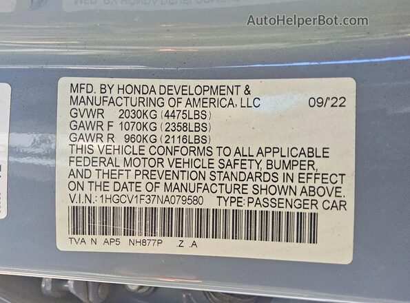 1HGCV1F37NA079580 2022 HONDA ACCORD Silver Engine compartment view