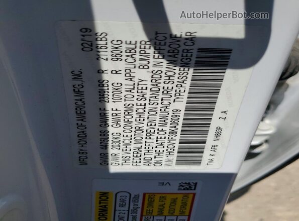 1HGCV1F38KA060919 2019 HONDA ACCORD White Widok komory silnika