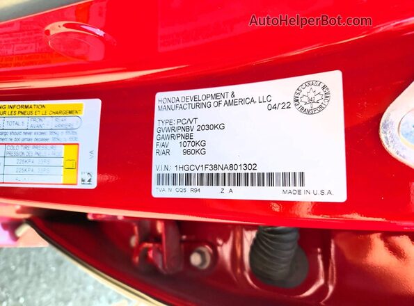 1HGCV1F38NA801302 2022 HONDA ACCORD Red ძრავის განყოფილების ხედი